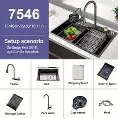 1 Set Digital Display Waterfall Sink Single Bowl Kitchen Sinks, Stainless Steel Bar Sink With Pull Down Sprayhead Faucet, Smart Modern Kitchen Sink With Full Set Of Accessories, Gun Gray&Brushed Golden