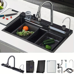 31.5 * 18.4 * 8 INCH Two Waterfalls Nano Kitchen Sink, Stainless Steel Smart Kitchen Sinks, Multifunctional Workstation Kitchen Sink with Digital Display Pull-Out Faucet And Accessories, Multifunctional Kitchen Sink, Kitchen Sink Accessories, Kitchen Fauc