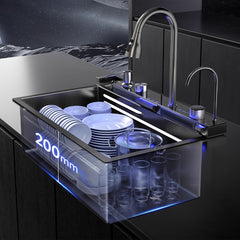 31.5 * 18.4 * 8 INCH Two Waterfalls Nano Kitchen Sink, Stainless Steel Smart Kitchen Sinks, Multifunctional Workstation Kitchen Sink with Digital Display Pull-Out Faucet And Accessories, Multifunctional Kitchen Sink, Kitchen Sink Accessories, Kitchen Fauc