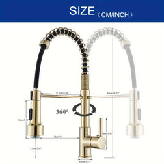 1 Set Modern Kitchen Faucet with Spring LED Pull Down Sprayer, 360° Rotation, Hot & Cold Water Mixer Sink Tap for Home & Balcony, Single Handle One Hole Commercial Kitchen Sink Faucet with Deck Plate, High Arc, Polished Golden