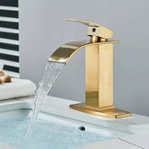 Bathroom Faucet Waterfall Bathroom Sink Faucet Single Hole 1 Or 3 Hole Mixer Tap Bathroom Vanity Faucet Farmhouse RV Bathroom Sink Faucet Set with 6" Deck Plate Deck Mount, Brushed Golden&Matte Black&Brushed Nickel&Chrome