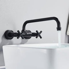 Commercial Wall-Mounted 8" Center Kitchen Sink Faucet with 12.5" Swivel Spout, 2-Handle Brass Design & Matte Black Finish - Heavy-Duty for Home & Restaurant Use, Valve Core, Adjustable Height, Easy Installation (No Batteries/Wiring Required), Cross Handle