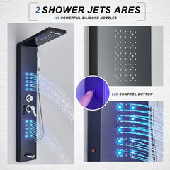Modern Shower Panel Tower System - Wall-Mounted Bathroom Shower System with 5-in-1 Shower Modes (Rainfall, Waterfall, Massage Jets, Hand Shower), Stainless Steel Construction, Matte Black/Brushed Golden/ - for Home, Hotel, Spa, Resort - Easy Installation