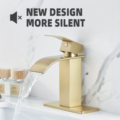 Bathroom Faucet Brushed Golden Modern Waterfall Bathroom Sink Faucet With Single Handle Suitable For 1 Or 3 Holes, With Pop Up Drain Supply Deck Plate And Hose Deck Mounted