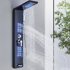 Modern Shower Panel Tower System - Wall-Mounted Bathroom Shower System with 5-in-1 Shower Modes (Rainfall, Waterfall, Massage Jets, Hand Shower), Stainless Steel Construction, Matte Black/Brushed Golden/ - for Home, Hotel, Spa, Resort - Easy Installation