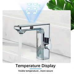 Touchless Bathroom Faucet with Dual Control of Heat and Cold & Digital Temperature Display - Single Hole Installation, Polished Chrome Finish, Valve Core, No Electricity/Batteries Needed for Hotel, Apartment, Residence, Hotel Water Fixture, Minimalist Sty