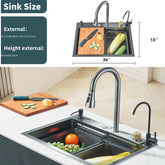 1 Set Gun Gray Waterfall Single Bowl Kitchen Sink, Stainless Steel Bar Sink With Pull Down Sprayhead Faucet Brushed Gold Handle, Drop-In/Undermount Farmhouse Workstation Smart Modern Kitchen Sink With Full Set Of Accessories, (24x18x8 In)