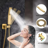 1set Shower System, 8/12 Inch Square High Pressure Rain Shower Head, Bathroom Luxury Rainfall Shower System Combo Set With Handheld Sprayer, Wall Mounted Shower Faucet Set, Rough-in Valve Body And Trim, Bathroom Accessories, Brushed Golden