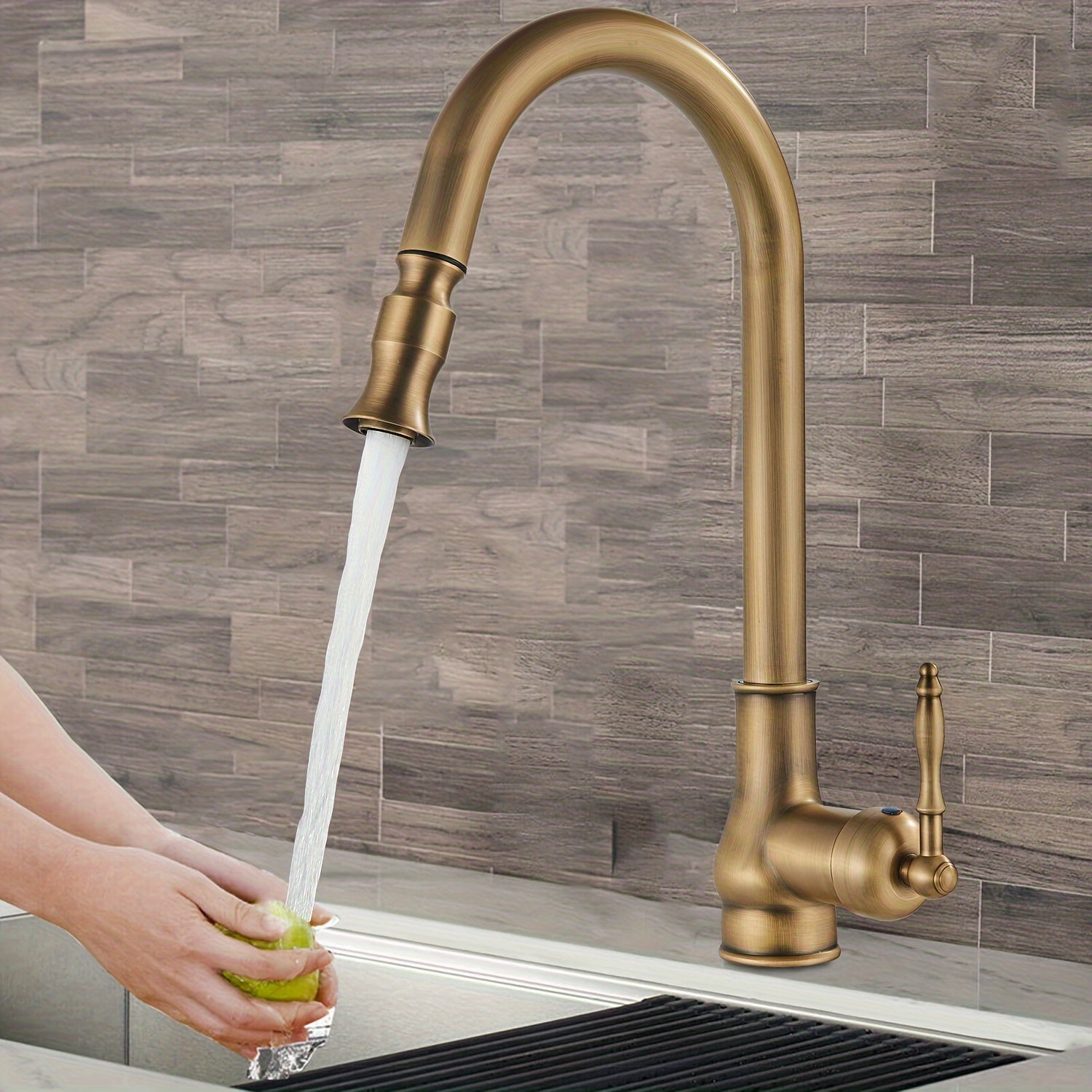 [Vintage Copper Kitchen Faucet] Vintage Antique Copper Single Handle Kitchen Faucet | Brass Body, Pull-Out Sprayer, Hot & Cold Mixer Hoses, Water-Saving Valve, Oil-Rubbed Finish, Deck Mount for Standard Sinks - Classic Design, Durable Construction, Home R