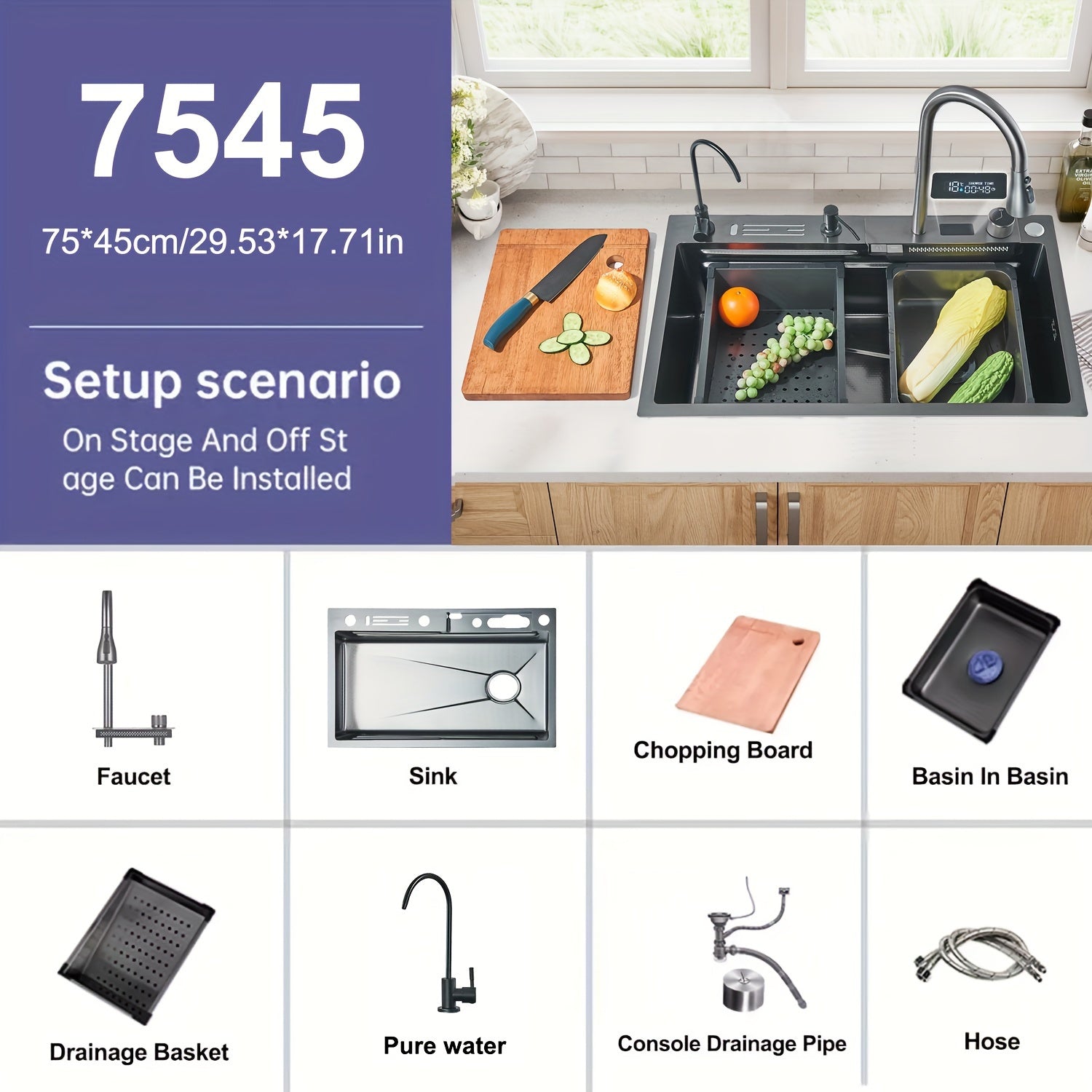1 Set Digital Display Waterfall Sink Single Bowl Kitchen Sinks, Stainless Steel Bar Sink With Pull Down Sprayhead Faucet, Smart Modern Kitchen Sink With Full Set Of Accessories, Gun Gray&Brushed Golden