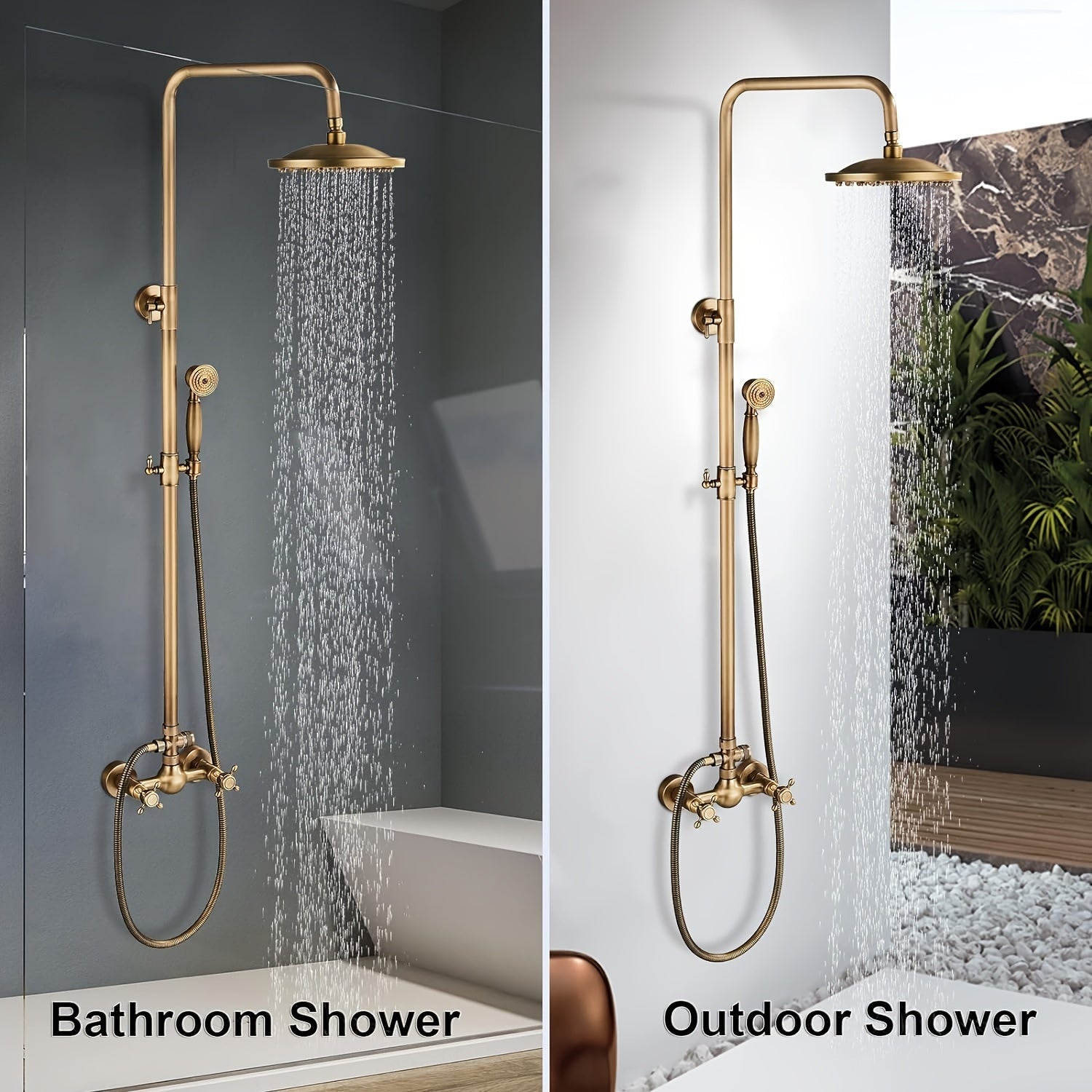 [Antique Brass Shower Faucet] 8" Rainfall Antique Brass Exposed Bathtub Shower Faucet - Wall Mounted Double Cross Handles Adjustable Handheld Sprayer Shower Fixture Set For Bathroom Or Backyard