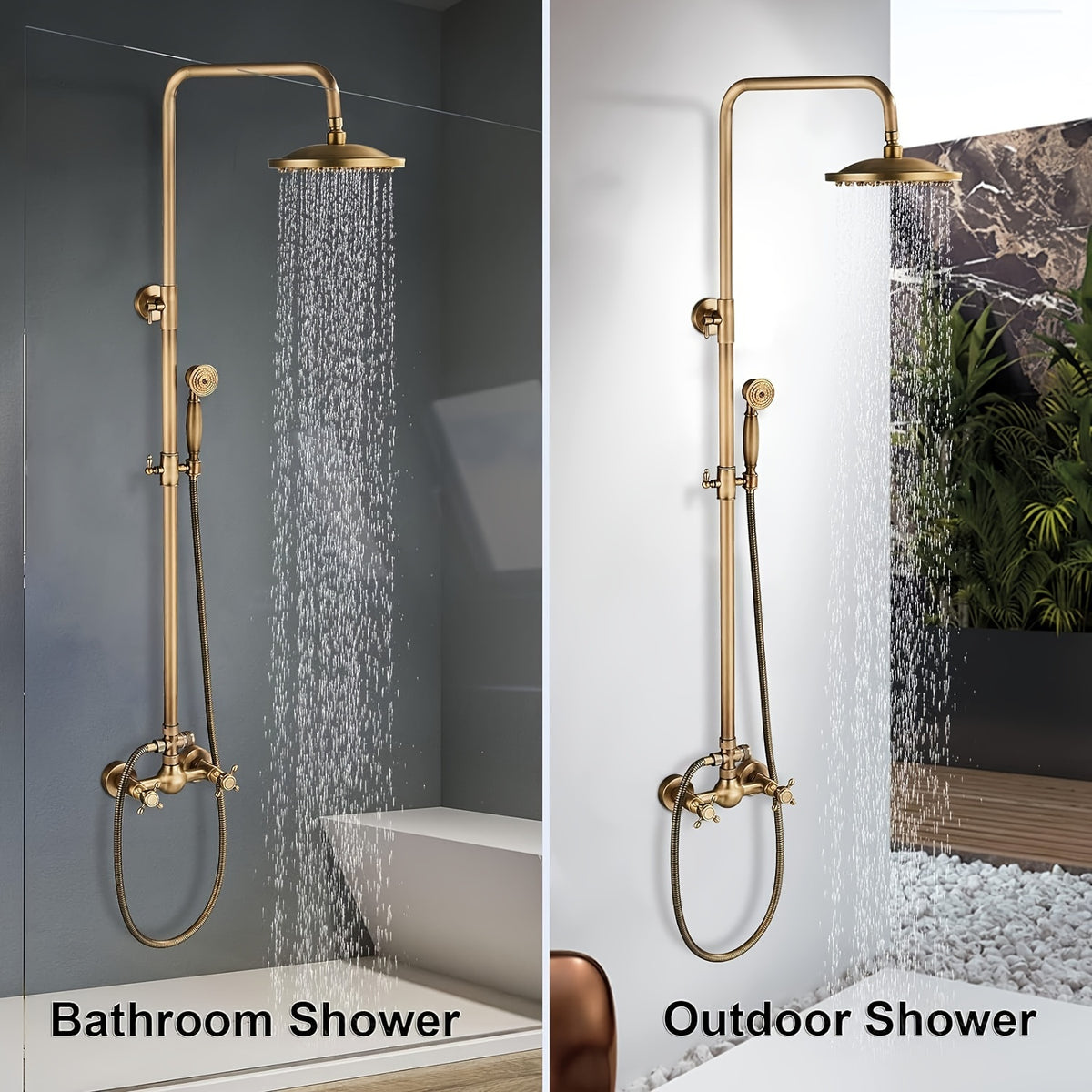[Antique Brass Shower Faucet] 8" Rainfall Antique Brass Exposed Bathtub Shower Faucet - Wall Mounted Double Cross Handles Adjustable Handheld Sprayer Shower Fixture Set For Bathroom Or Backyard