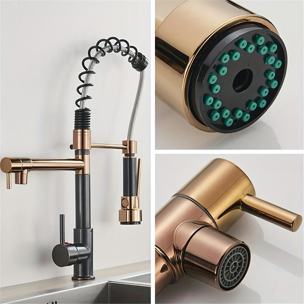 [Black Rose Gold Kitchen Faucet] Black Rose Gold Pull-Down Kitchen Faucet | Dual Spout With Spray And Stream Functions, Single Handle Water-Saving Mixer Tap With Ceramic Valve For Sink And Dish Basin, Paint And Chrome Finish, No Electricity Required, Inst