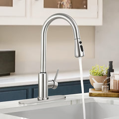 [Commercial Kitchen Faucet] 1pc High Arc Commercial Kitchen Faucet with Pull-Down Spray | Single Handle Stainless Steel Brushed Nickel Sink Faucet with Deck Plate - Suitable for Bar Laundry RV Farmhouse (Matte Black&Brushed Nickel&Chrome&Brushed Golden)
