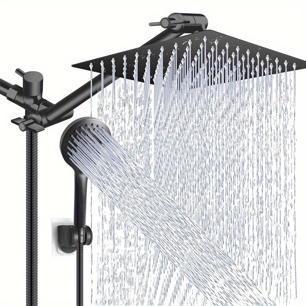 [High Pressure Rainfall Shower Head] 12 Inch High Pressure Rainfall Shower Head - 9 Settings Adjustable Anti-leak Shower Head/Handheld Shower Combo with 11 Inch Extension Arm and Holder/Hose