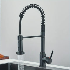 [Modern Kitchen Faucet] Modern Matte Black & Brushed Nickel Single Handle Kitchen Faucet | Pull-Out Spray, Water-Saving Dual Function, 304 Stainless Steel, Single Hole Installation, No Electricity Needed - Durable Kitchenware