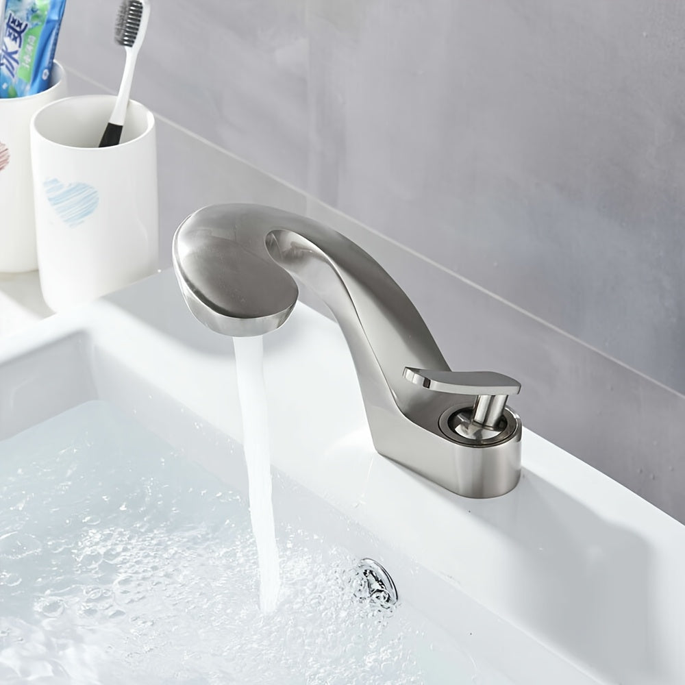 [Luxury Bathroom Faucet] 1pc Luxury Single Handle Bathroom Faucet - Anti-Splash Design, Ceramic Valve Core & Brushed Nickel Finish, Pure Copper Construction, Single Hole Installation for Vanity Sink Basin, Modern Contemporary Style, Higharc Spout, Sleek D