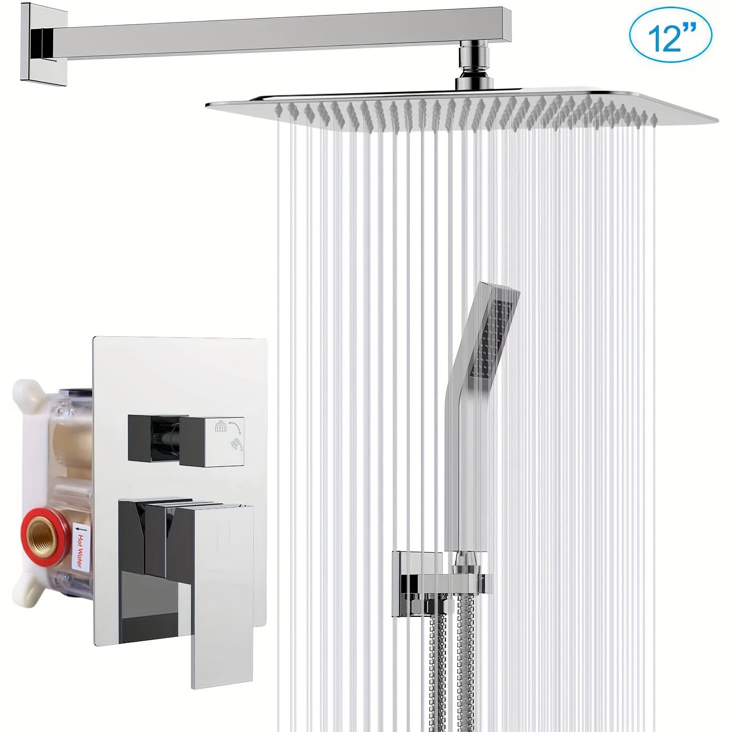 1set Shower System, 8/12/16 Inch Square High Pressure Rain Shower Head, Bathroom Luxury Rainfall Shower System Combo Set with Handheld Sprayer, Wall Mounted Shower Faucet Set, Rough-in Valve Body And Trim, Bathroom Accessories, Chrome