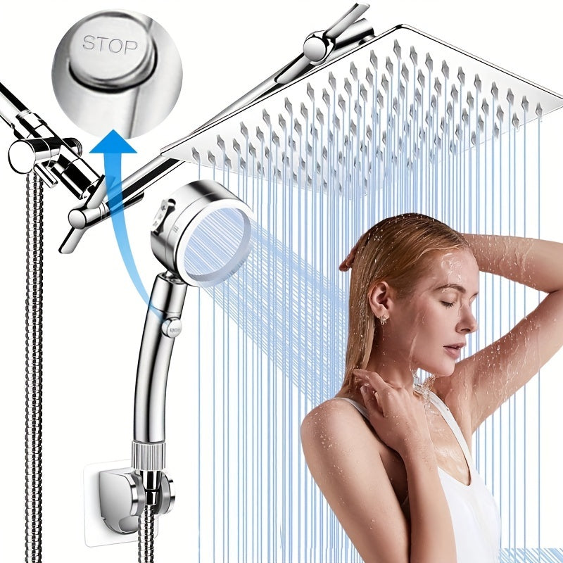 [High Pressure Rainfall Shower Head] 12 Inch High Pressure Rainfall Shower Head - 9 Settings Adjustable Anti-leak Shower Head/Handheld Shower Combo with 11 Inch Extension Arm and Holder/Hose