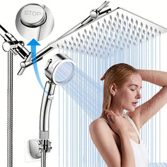 [High Pressure Rainfall Shower Head] 12 Inch High Pressure Rainfall Shower Head - 9 Settings Adjustable Anti-leak Shower Head/Handheld Shower Combo with 11 Inch Extension Arm and Holder/Hose