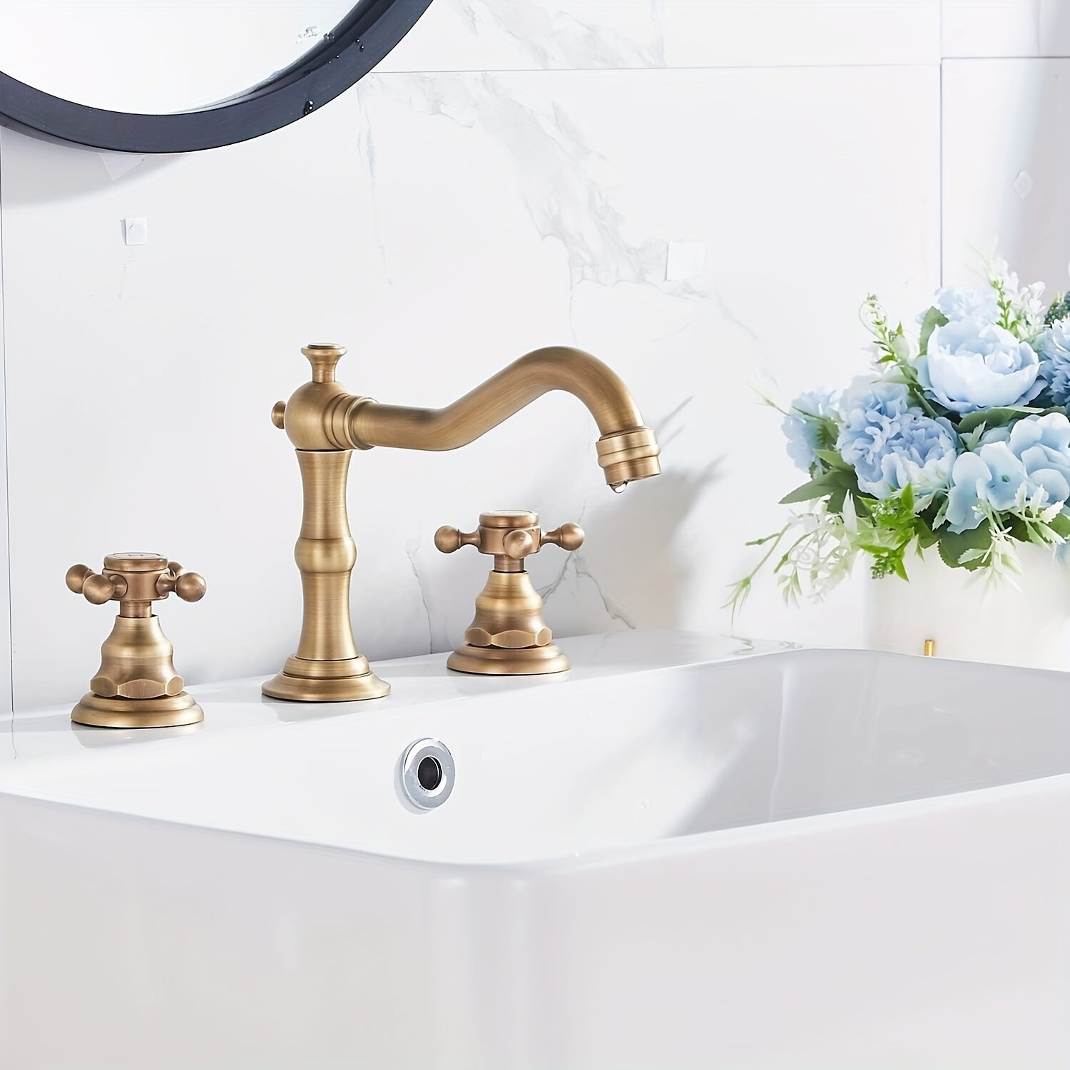 8 Inch Widespread Bathroom Sink Faucet - Antique Brass & Oil Rubbed Bronze, 2-Handle (Hot/Cold) Deck Mount Vanity Faucet with Overflow, Heavy-Duty Commercial/Residential Use, 3-Hole Installation (Hardware Included) - Valve Mixer, Bathroom Faucet, Faucet F