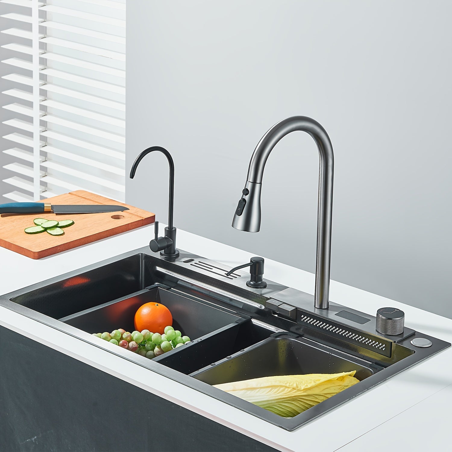 1 Set Gun Gray Digital Display Waterfall Single Bowl Kitchen Sink, Stainless Steel Bar Sink With Pull Down Sprayhead Faucet & Knife Holder, Drop-In/Undermount Farmhouse Workstation Smart Modern Kitchen Sink With Full Set Of Accessories, (30x18x8 In)