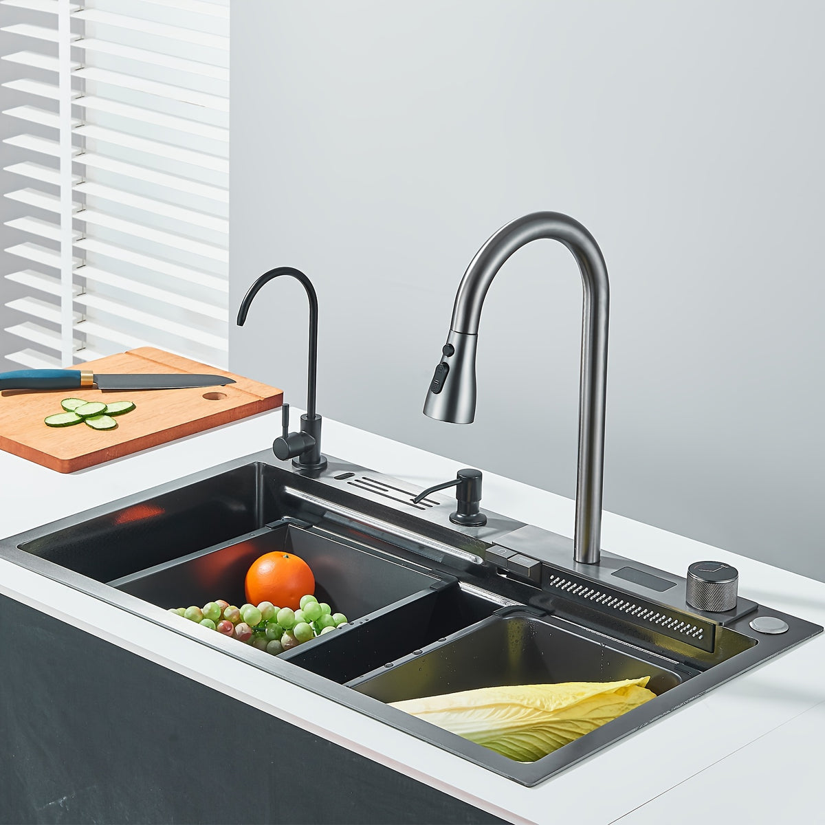 1 Set Gun Gray Digital Display Waterfall Single Bowl Kitchen Sink, Stainless Steel Bar Sink With Pull Down Sprayhead Faucet & Knife Holder, Drop-In/Undermount Farmhouse Workstation Smart Modern Kitchen Sink With Full Set Of Accessories, (30x18x8 In)