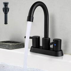 [4 Inch Modern Bathroom Faucet] Modern 4 Inch 2 Handle Centerset Bathroom Faucet | 360 Swivel Spout, 2-3 Hole RV Bathroom Vanity Sink Faucet with Pop Up Drain And Water Supply Lines | Matte Black, Brushed Nickel
