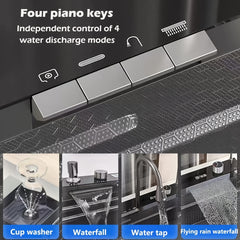 Stainless Steel Modern Farmhouse Workstation Sink - 1 Set Digital Display Waterfall Single Bowl Kitchen Sink with Pull Down Sprayhead Faucet - Drop-In/Undermount, Gray&Golden&Black, Full Set Of Accessories