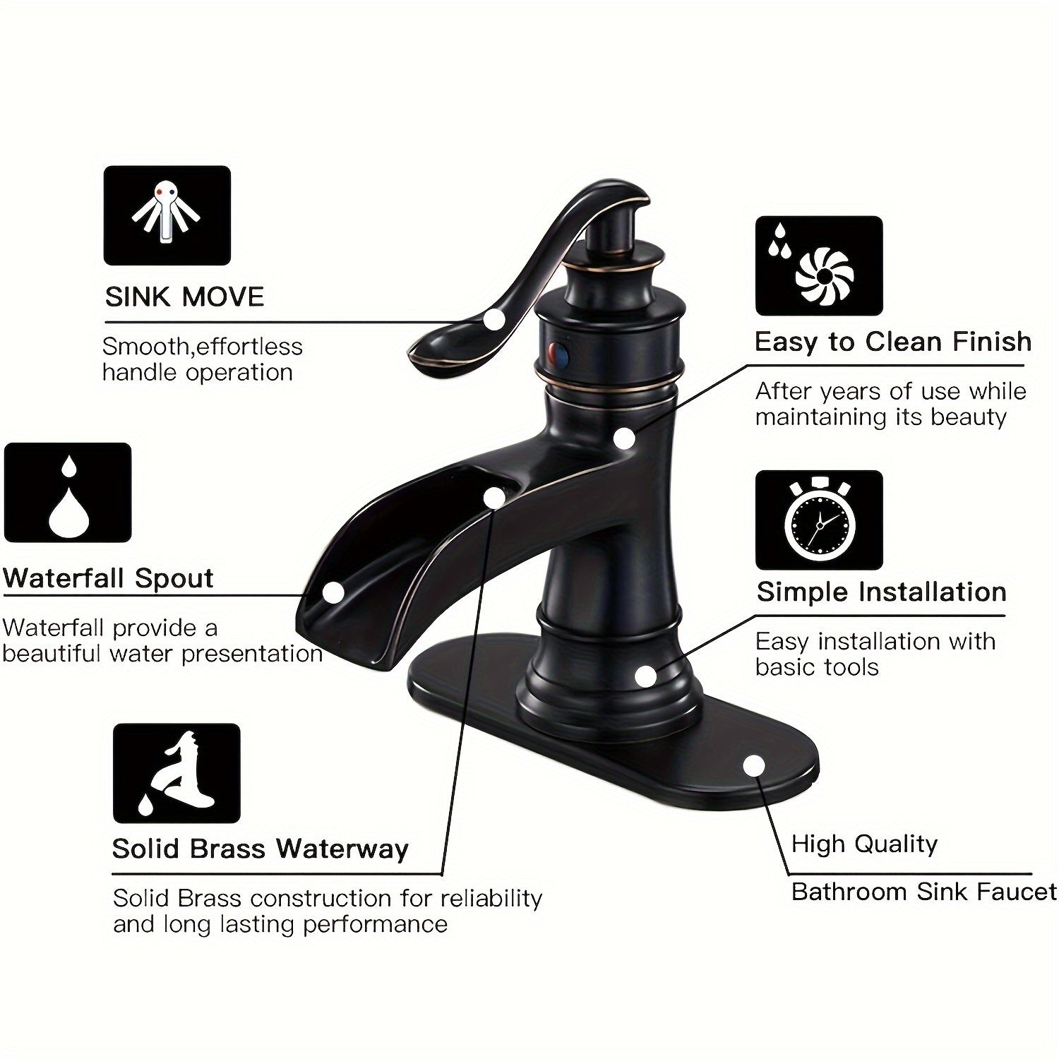 [Oil Rubbed Bronze Bathroom Faucet] Black Farmhouse Single Handle Mixer Bathroom Sink Faucet - Oil Rubbed Bronze Waterfall With Pop Up Drain Stopper Assembly - Rustic Lead-Free Lavatory Vanity Bath Water Supply Hose