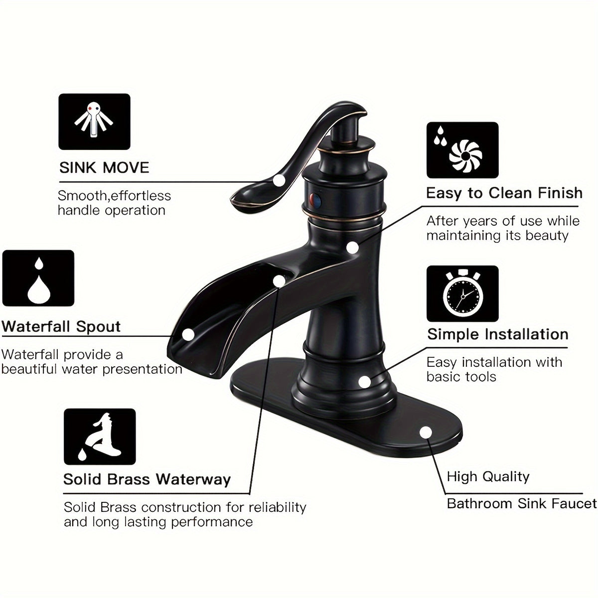 [Oil Rubbed Bronze Bathroom Faucet] Black Farmhouse Single Handle Mixer Bathroom Sink Faucet - Oil Rubbed Bronze Waterfall With Pop Up Drain Stopper Assembly - Rustic Lead-Free Lavatory Vanity Bath Water Supply Hose