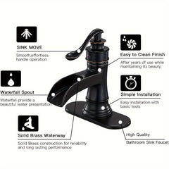 [Oil Rubbed Bronze Bathroom Faucet] Black Farmhouse Single Handle Mixer Bathroom Sink Faucet - Oil Rubbed Bronze Waterfall With Pop Up Drain Stopper Assembly - Rustic Lead-Free Lavatory Vanity Bath Water Supply Hose