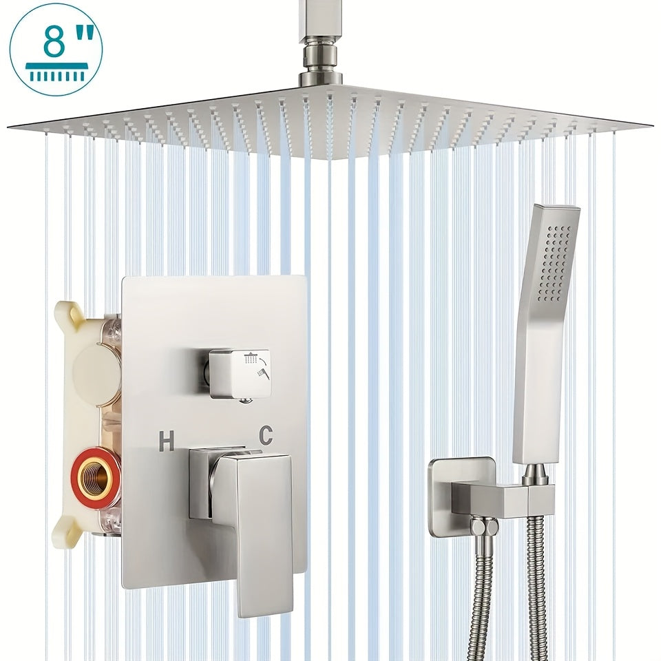 1set Luxury Rainfall Shower System - 8/12/16 Inch Square High Pressure Rain Shower Head, Handheld Sprayer, Ceiling Mounted Faucet Set - Matte Black, Brushed Nickel, Chrome - for Bathroom Remodeling - Perfect Gift for Homeowners