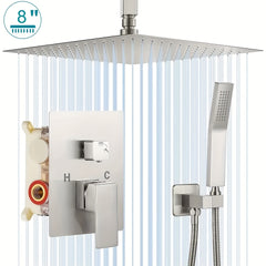 1set Luxury Rainfall Shower System - 8/12/16 Inch Square High Pressure Rain Shower Head, Handheld Sprayer, Ceiling Mounted Faucet Set - Matte Black, Brushed Nickel, Chrome - for Bathroom Remodeling - Perfect Gift for Homeowners