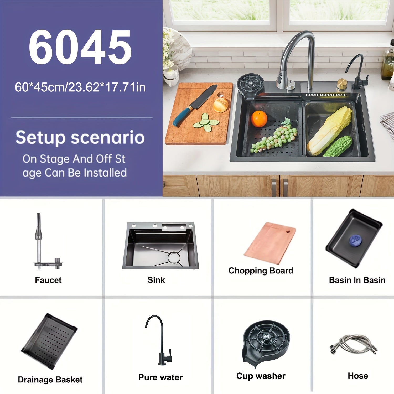 1 Set Digital Display Waterfall Sink Single Bowl Kitchen Sinks, Stainless Steel Bar Sink With Pull Down Sprayhead Faucet, Smart Modern Kitchen Sink With Full Set Of Accessories, Gun Gray&Brushed Golden