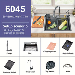 Stainless Steel Modern Farmhouse Workstation Sink - 1 Set Digital Display Waterfall Single Bowl Kitchen Sink with Pull Down Sprayhead Faucet - Drop-In/Undermount, Gray&Golden&Black, Full Set Of Accessories