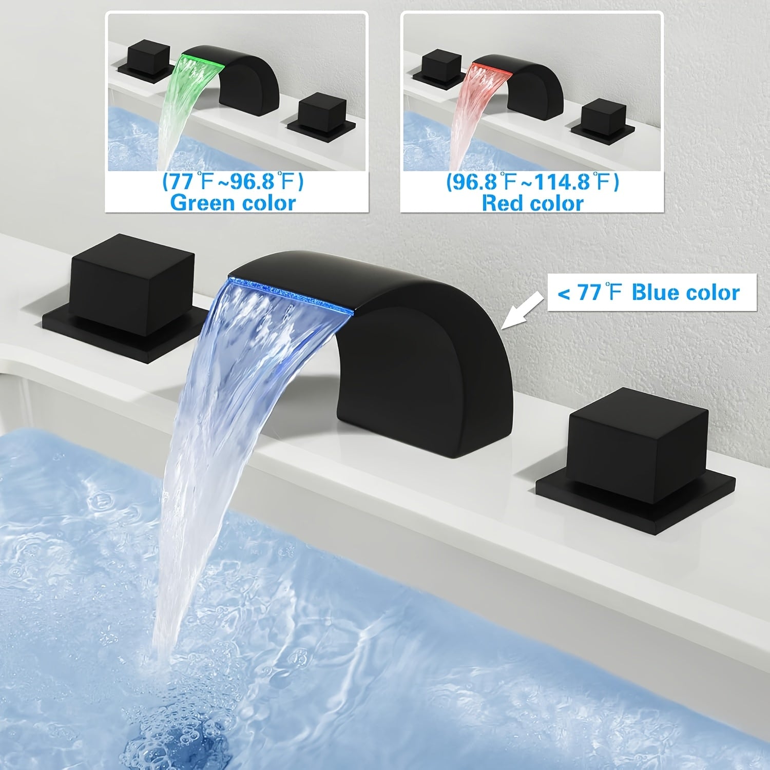 LED 8" Widespread Bathroom Faucet Waterfall Lavatory Faucets Basin Mixer Tap, 2 Crystal Knobs 3 Holes Polished Chrome Brushed Nickel Matte Black, 3 Hole 8 Inch with Light Deck Mount Vanity Sink Fixtures Faucet, Widespread Tap, Contemporary Design, Valve C