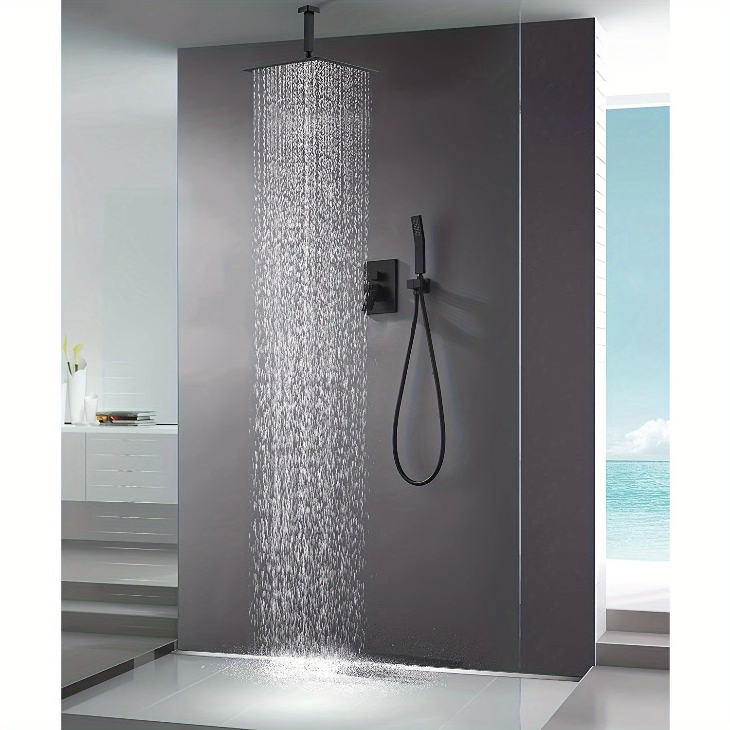 1set Luxury Rainfall Shower System - 8/12/16 Inch Square High Pressure Rain Shower Head, Handheld Sprayer, Ceiling Mounted Faucet Set - Matte Black, Brushed Nickel, Chrome - for Bathroom Remodeling - Perfect Gift for Homeowners