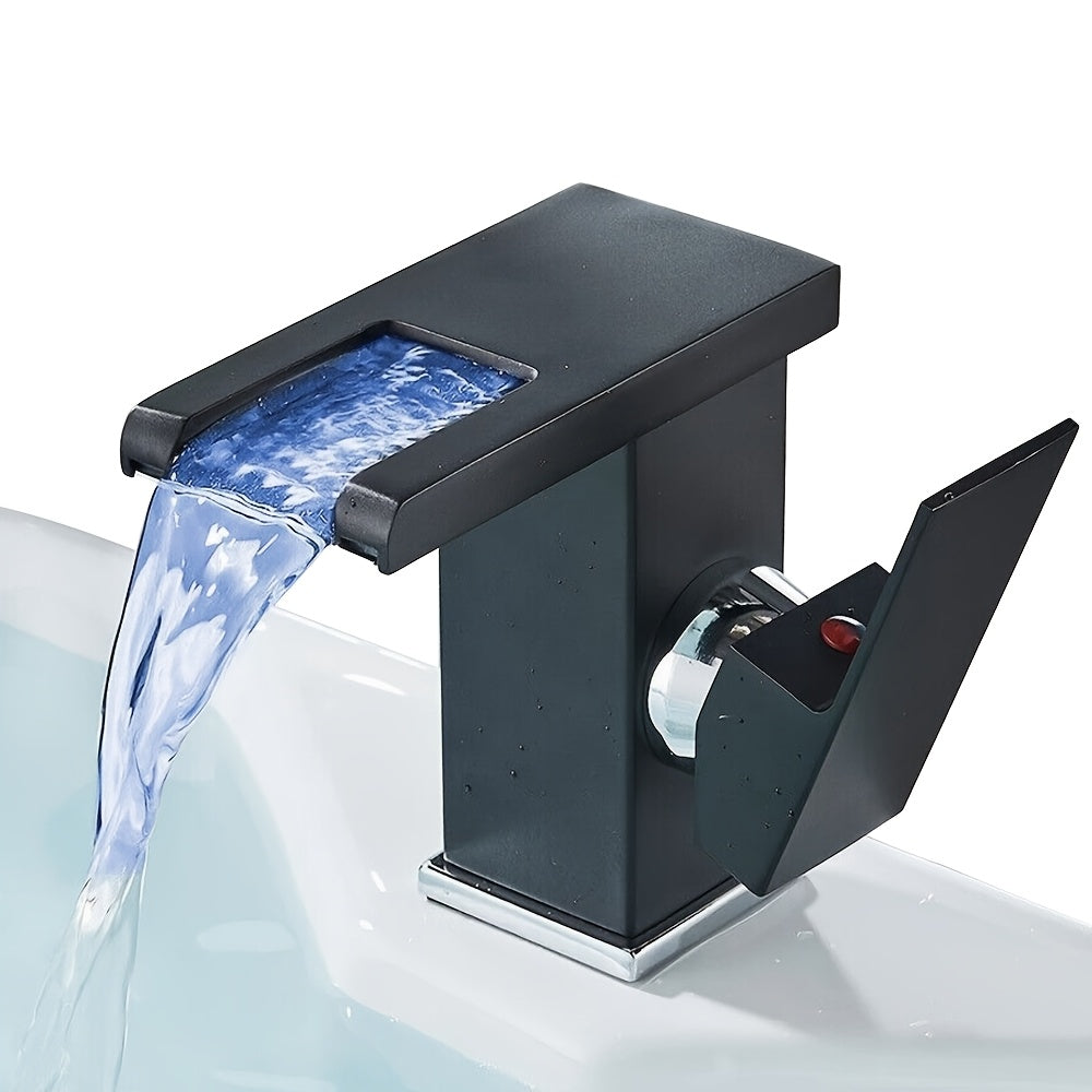 [LED Lighting Waterfall Faucet] LED Lighting Waterfall Faucet - Single Handle, 3-Color Changing Spout, Black & Golden Finish, One Hole Deck Mount for Vanity Sink, Commercial Use, Luxury Washroom Fixture, Contemporary Design, Highquality Finish, Adjustable