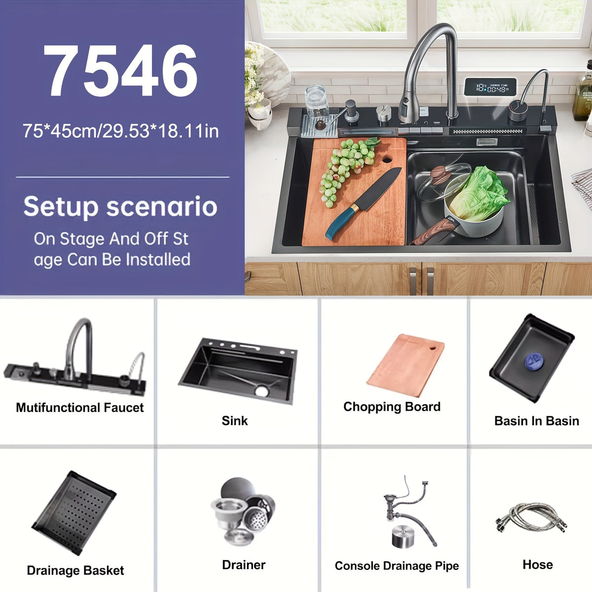 1 Set Digital Display Waterfall Sink Single Bowl Kitchen Sinks, Stainless Steel Bar Sink With Pull Down Sprayhead Faucet, Smart Modern Kitchen Sink With Full Set Of Accessories, Gun Gray&Brushed Golden