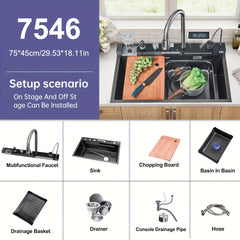 1 Set Digital Display Waterfall Sink Single Bowl Kitchen Sinks, Stainless Steel Bar Sink With Pull Down Sprayhead Faucet, Smart Modern Kitchen Sink With Full Set Of Accessories, Gun Gray&Brushed Golden