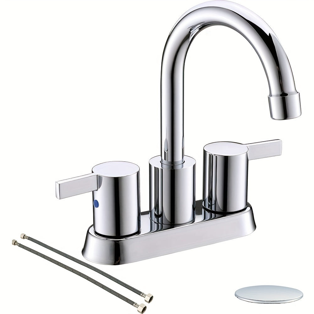 [Modern Bathroom Faucet] Brushed Golden, Matte Black, Brushed Nickel, Polished Chrome - 4 Inch 2 Handle Centerset Modern Bathroom Faucet with 360 Swivel Spout, 2-3 Hole RV Bathroom Vanity Sink Faucet, Pop Up Drain and Water Supply Lines