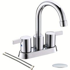 [Modern Bathroom Faucet] Brushed Golden, Matte Black, Brushed Nickel, Polished Chrome - 4 Inch 2 Handle Centerset Modern Bathroom Faucet with 360 Swivel Spout, 2-3 Hole RV Bathroom Vanity Sink Faucet, Pop Up Drain and Water Supply Lines