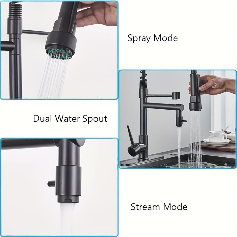 1pc Commercial-Grade Matte Black Kitchen Faucet with Pull-Down Sprayer - Single Handle High Pressure Brass Sink Faucet, Dual Spray Heads, Water-Saving Valve, Deck Plate Included, Kitchen Sink Faucet with Sprayer, Deck Plate Installation, Higharc Spout
