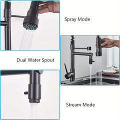 1pc Commercial-Grade Matte Black Kitchen Faucet with Pull-Down Sprayer - Single Handle High Pressure Brass Sink Faucet, Dual Spray Heads, Water-Saving Valve, Deck Plate Included, Kitchen Sink Faucet with Sprayer, Deck Plate Installation, Higharc Spout