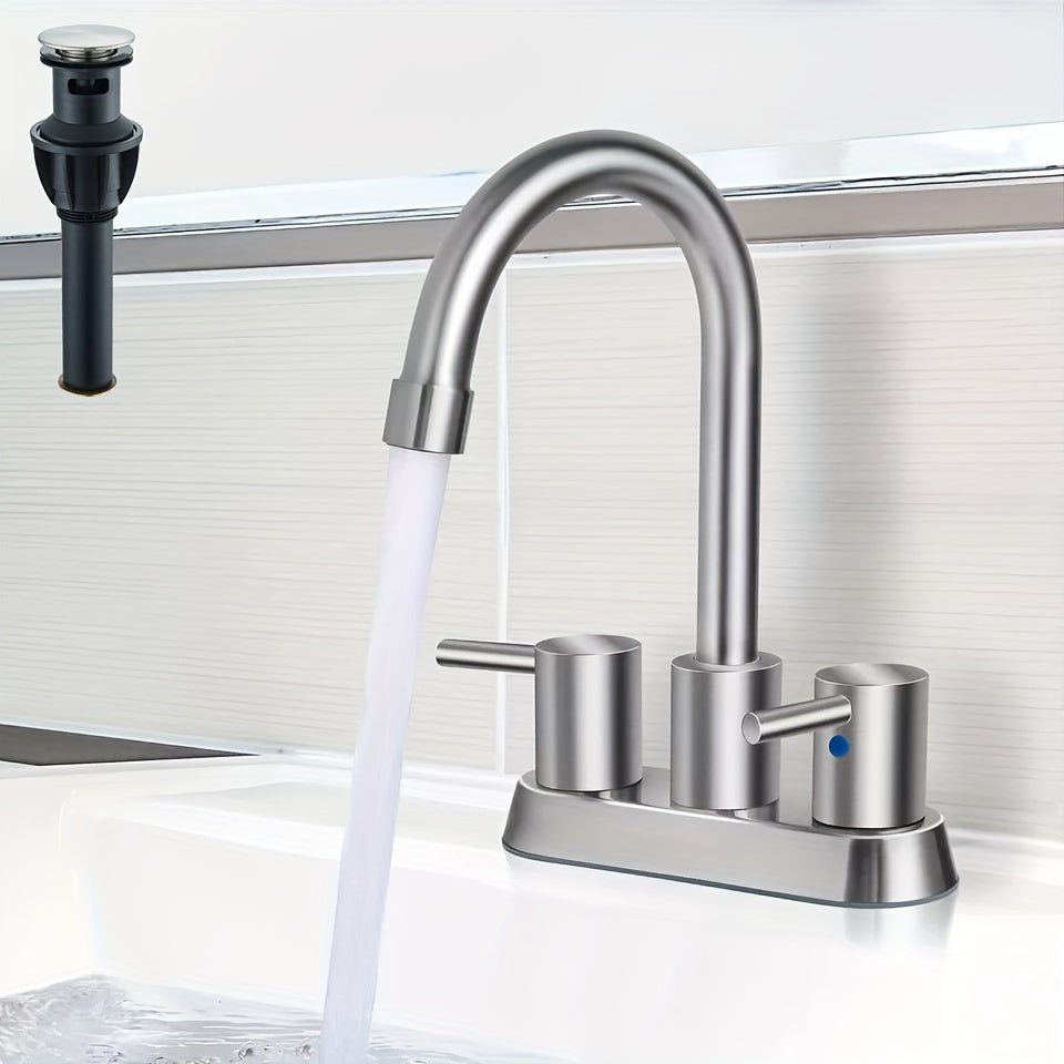 [4 Inch Modern Bathroom Faucet] Modern 4 Inch 2 Handle Centerset Bathroom Faucet | 360 Swivel Spout, 2-3 Hole RV Bathroom Vanity Sink Faucet with Pop Up Drain And Water Supply Lines | Matte Black, Brushed Nickel
