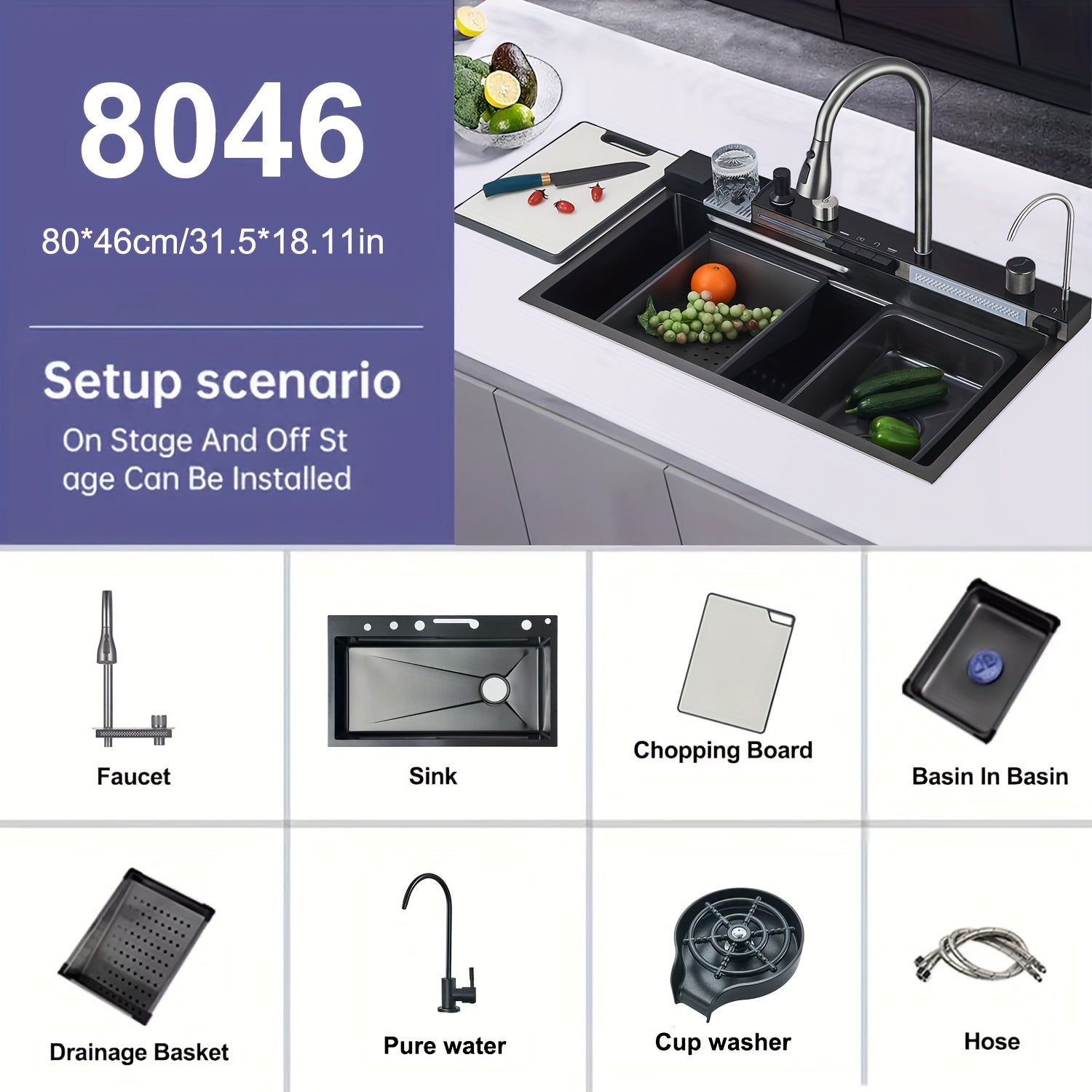 1 Set Digital Display Waterfall Sink Single Bowl Kitchen Sinks, Stainless Steel Bar Sink With Pull Down Sprayhead Faucet, Smart Modern Kitchen Sink With Full Set Of Accessories, Gun Gray&Brushed Golden