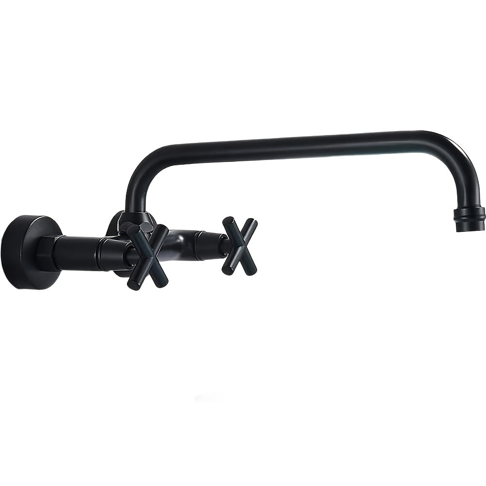 Commercial Wall-Mounted 8" Center Kitchen Sink Faucet with 12.5" Swivel Spout, 2-Handle Brass Design & Matte Black Finish - Heavy-Duty for Home & Restaurant Use, Valve Core, Adjustable Height, Easy Installation (No Batteries/Wiring Required), Cross Handle