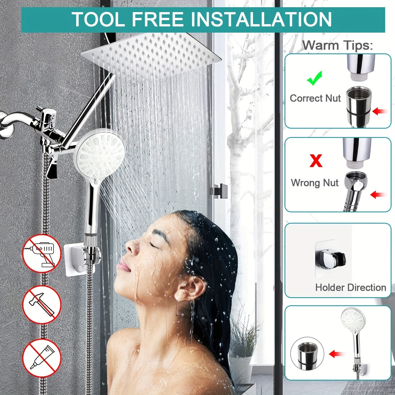 YAGATAP High-Pressure Rainfall Shower Head/Handheld Combo with 11 Inch Extension Arm, 3 Settings Adjustable Anti-Leak Shower Head, Height & Angle Adjustment, Stainless Steel, Square Shape, Polished Finish, Diverter Control, Wall-Mounted for Bathroom, Mode