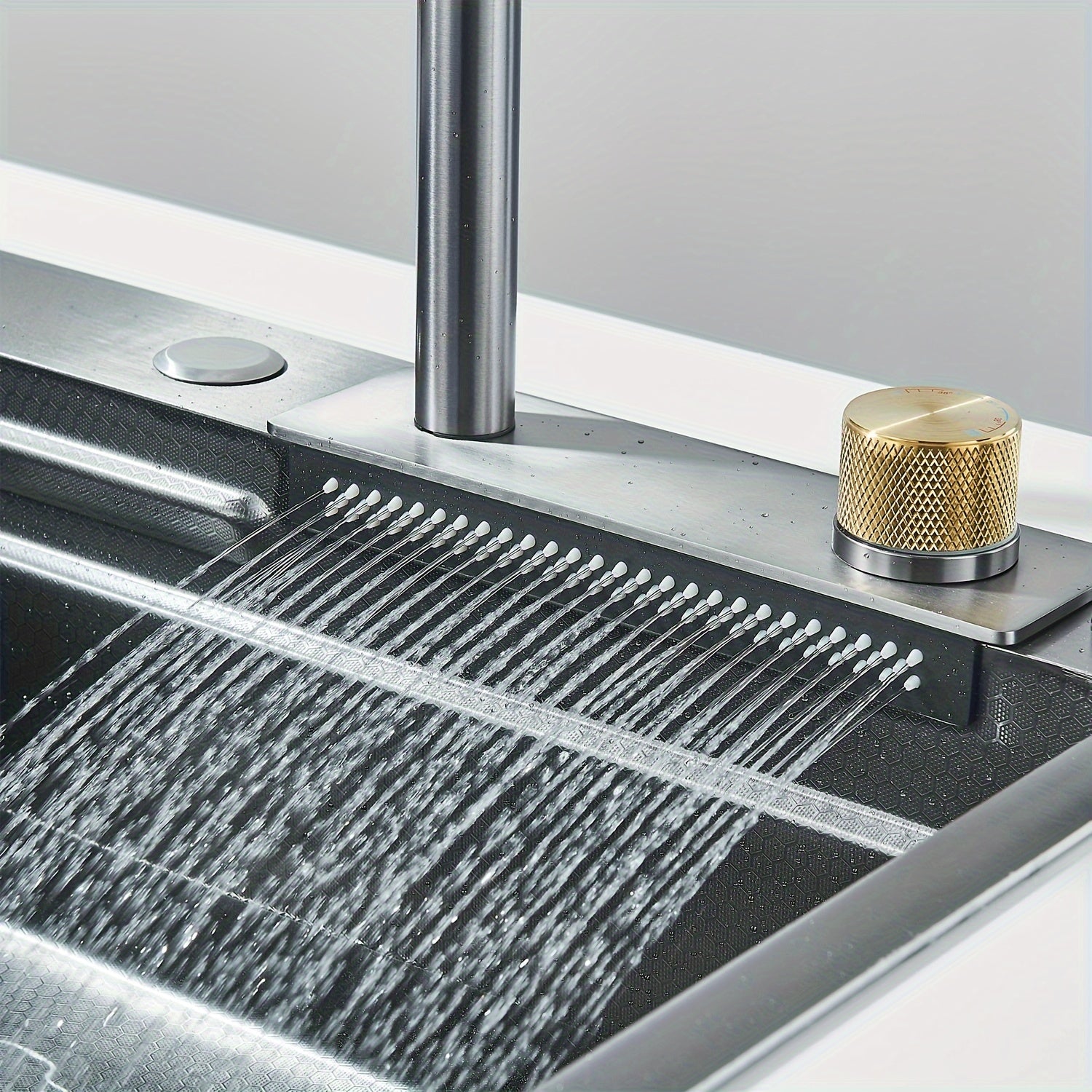 1 Set Gun Gray Waterfall Single Bowl Kitchen Sink, Stainless Steel Bar Sink With Pull Down Sprayhead Faucet Brushed Gold Handle, Drop-In/Undermount Farmhouse Workstation Smart Modern Kitchen Sink With Full Set Of Accessories, (24x18x8 In)